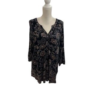 Lucky Brand Women’s Tunic Sz 1X Black Floral V Neck Long Sleeve Boho Blouse